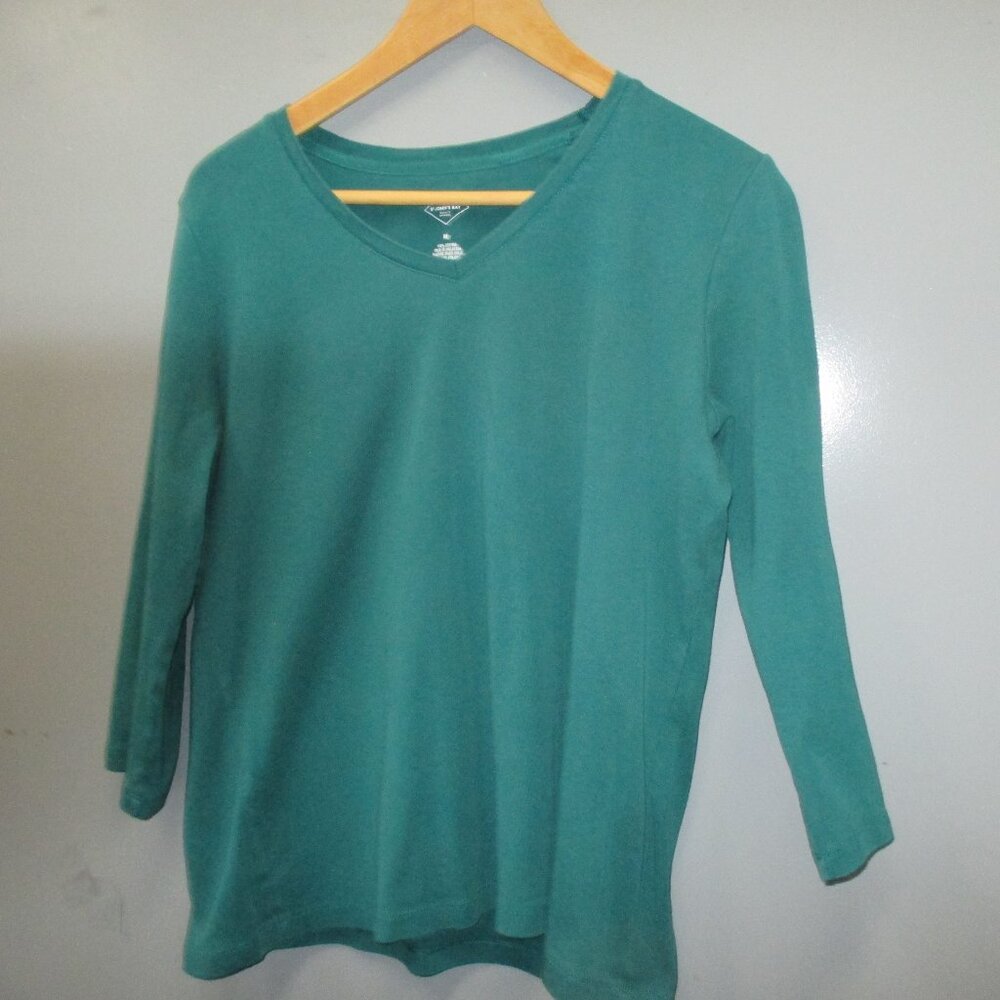 St. John's Bay Women's Blouse Size M Dark Green 100% Cotton 3/4 Sleeve Top